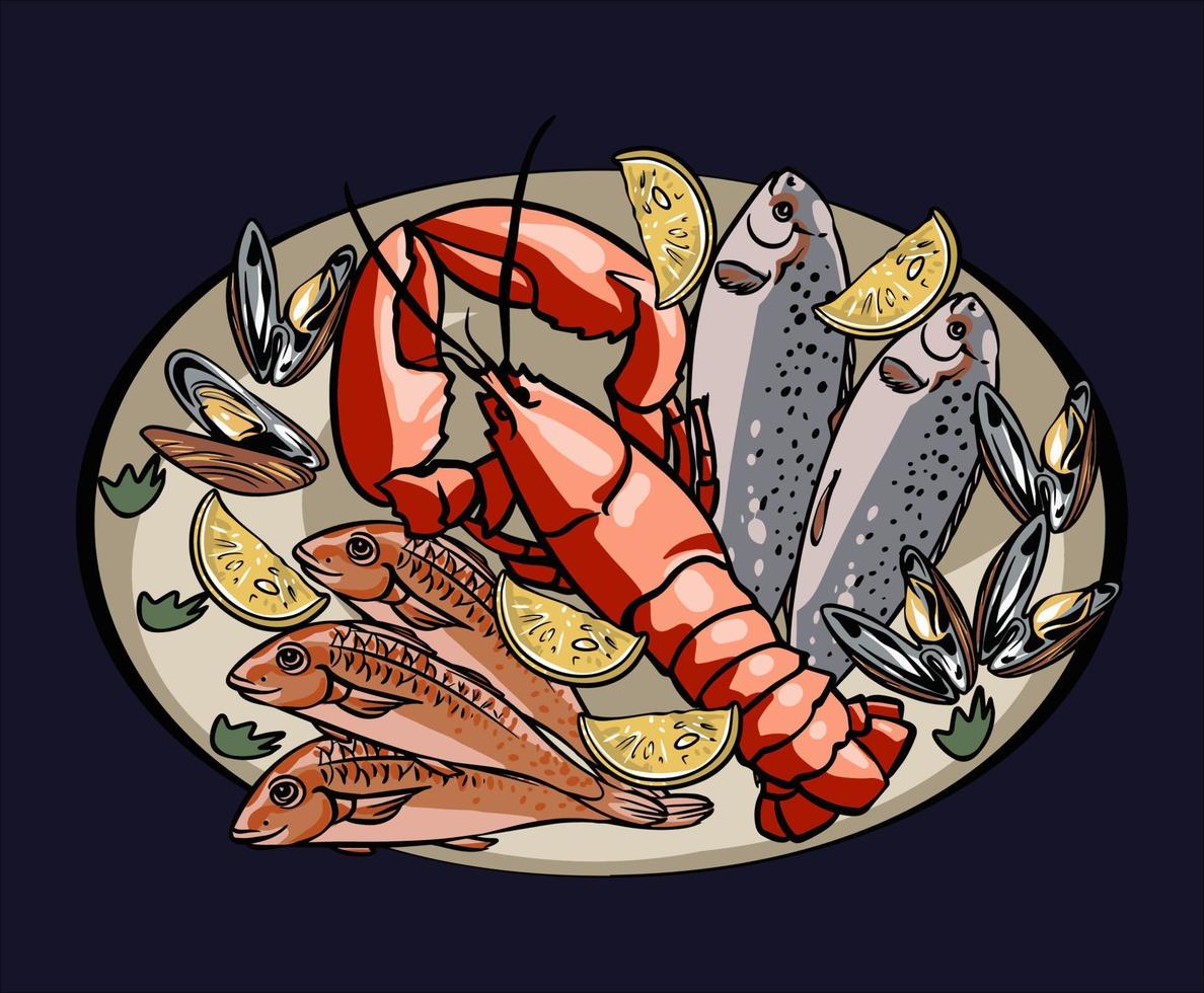 conjunto de mariscos vectoriales. colección de bocetos de comida marina dibujada a mano: pescado fresco, langosta, cangrejo, ostra, mejillón, calamar y especias. vector