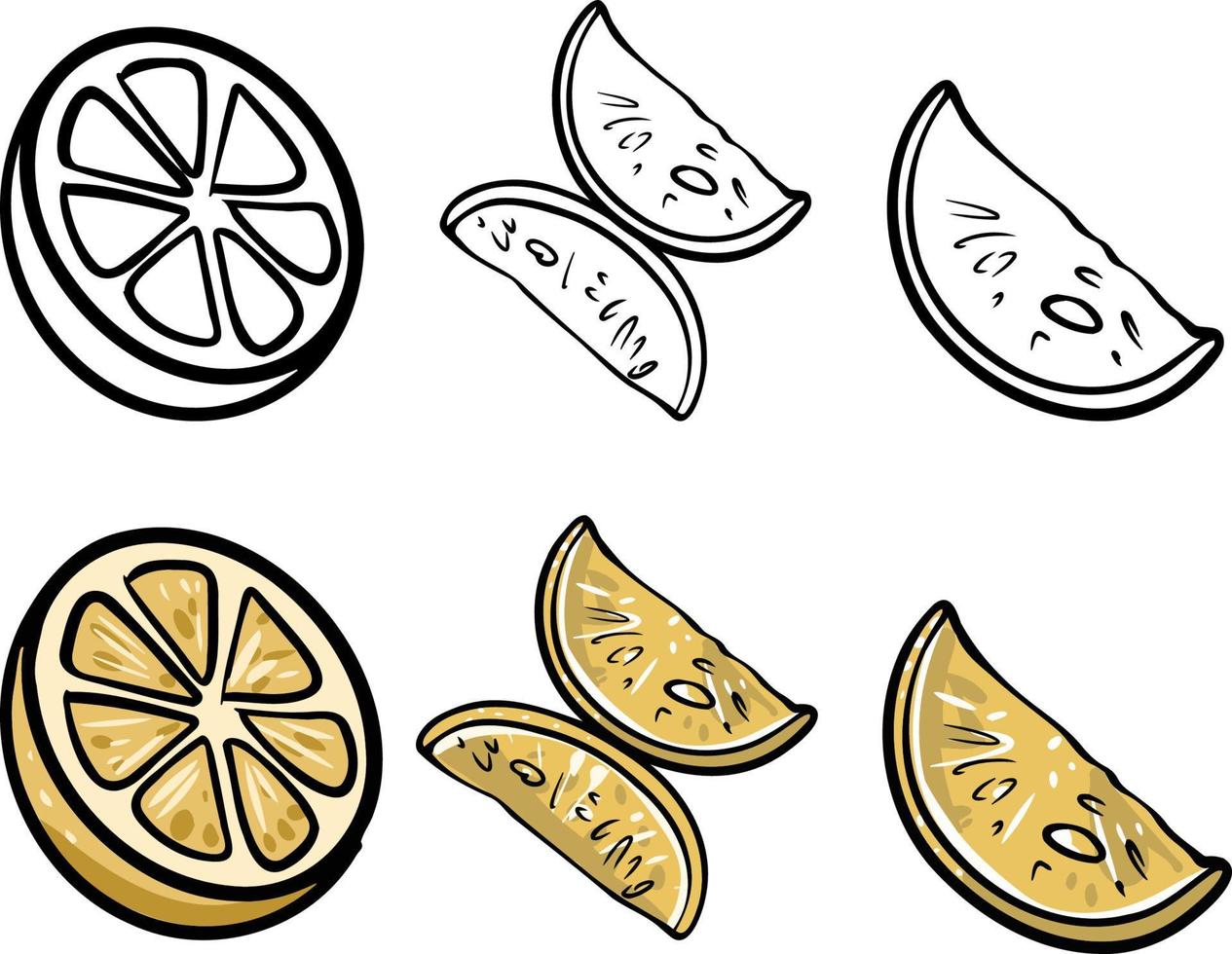 Lemon set. Abstract modern set of lemon icons, whole and sliced, isolated on a white background. For web, print, product design, lemon logo. Doddle, line, contour. Vector hand-drawn flat illustration.