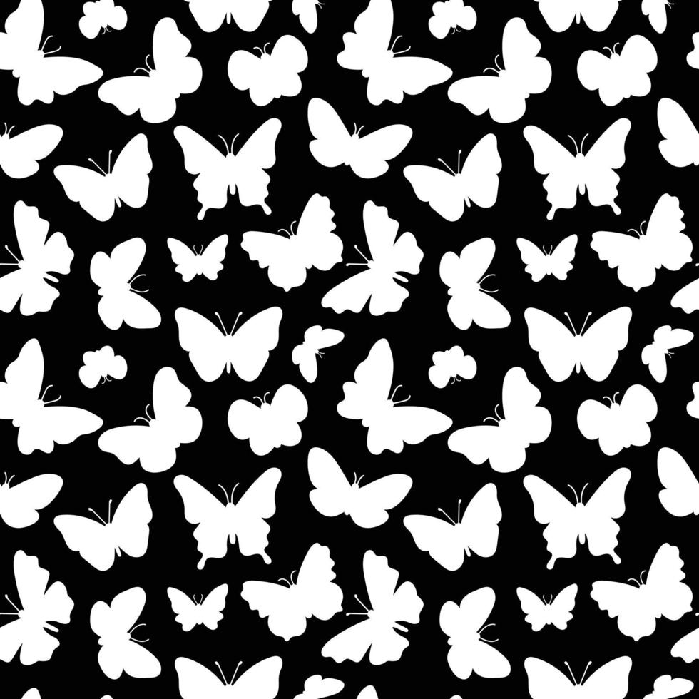 Butterfliy silhouettes pattern. Black and white print. Seamless background with butterflies flying insects. Vector repeat illustration for summer and romantic designs, textile, fabric, wrapping paper