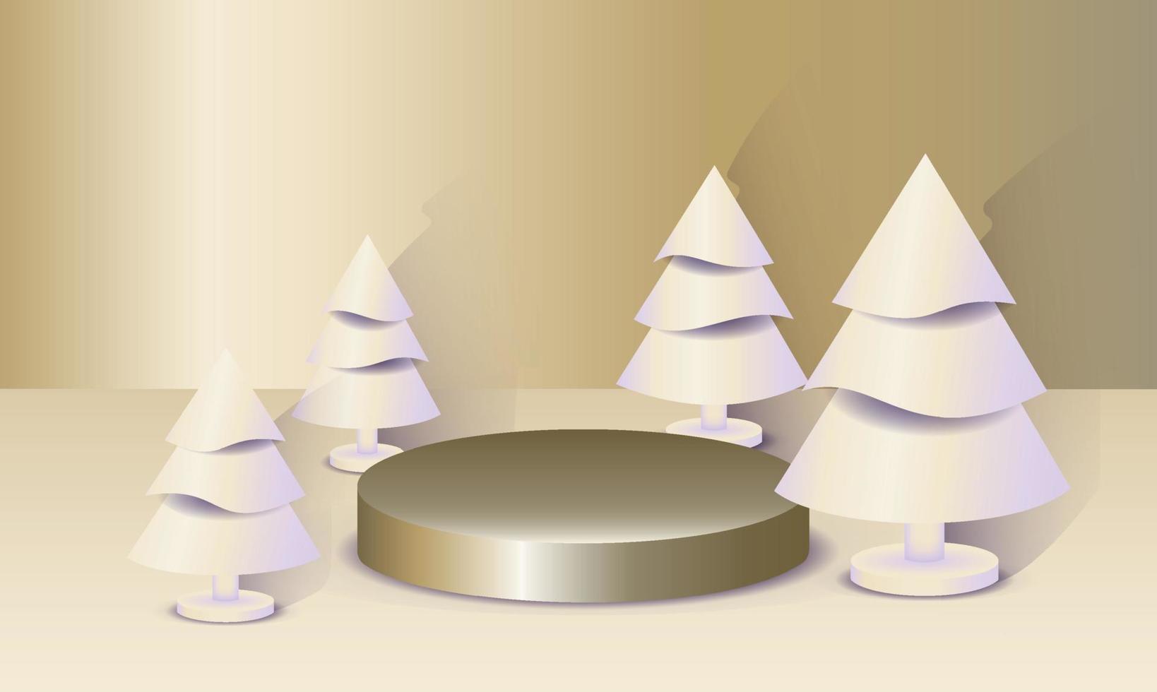 Abstract minimal mock up scene. Geometry podium shape for show cosmetic product display and goods. Stage pedestal, platform. Winter christmas gold background with white christmas trees. 3D vector