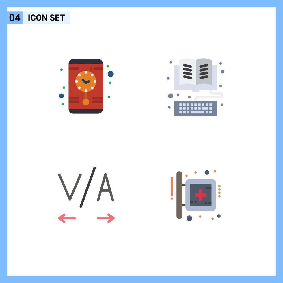 conjunto moderno de 4 iconos y símbolos planos, como elementos de diseño de vectores editables del hospital de la biblioteca de libros de texto del reloj