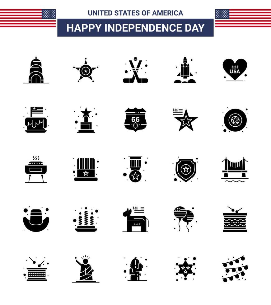 25 Creative USA Icons Modern Independence Signs and 4th July Symbols of heart transport ice hockey spaceship launcher Editable USA Day Vector Design Elements