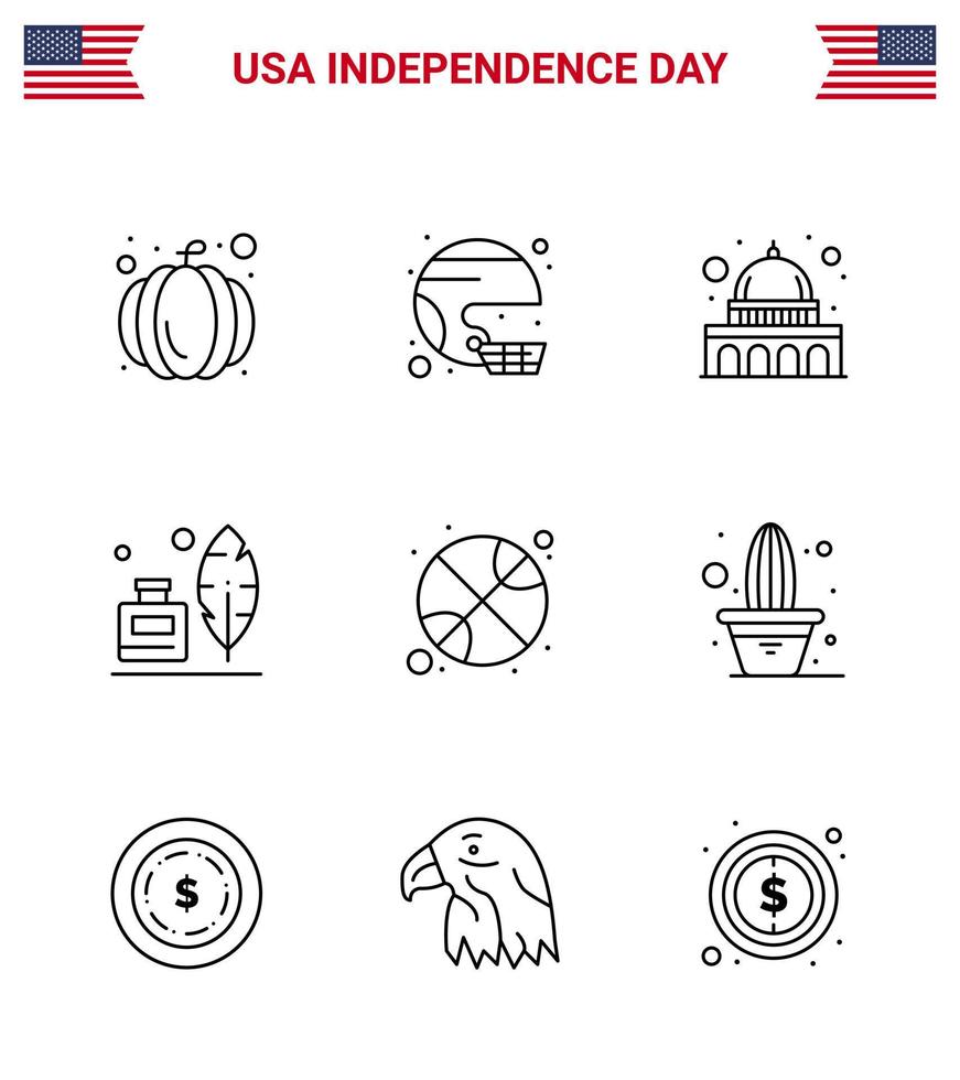 USA Independence Day Line Set of 9 USA Pictograms of basketball ink bottle united feather wisconsin Editable USA Day Vector Design Elements