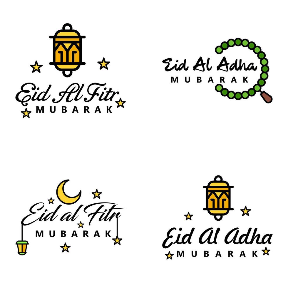 4 Modern Eid Fitr Greetings Written In Arabic Calligraphy Decorative Text For Greeting Card And Wishing The Happy Eid On This Religious Occasion vector