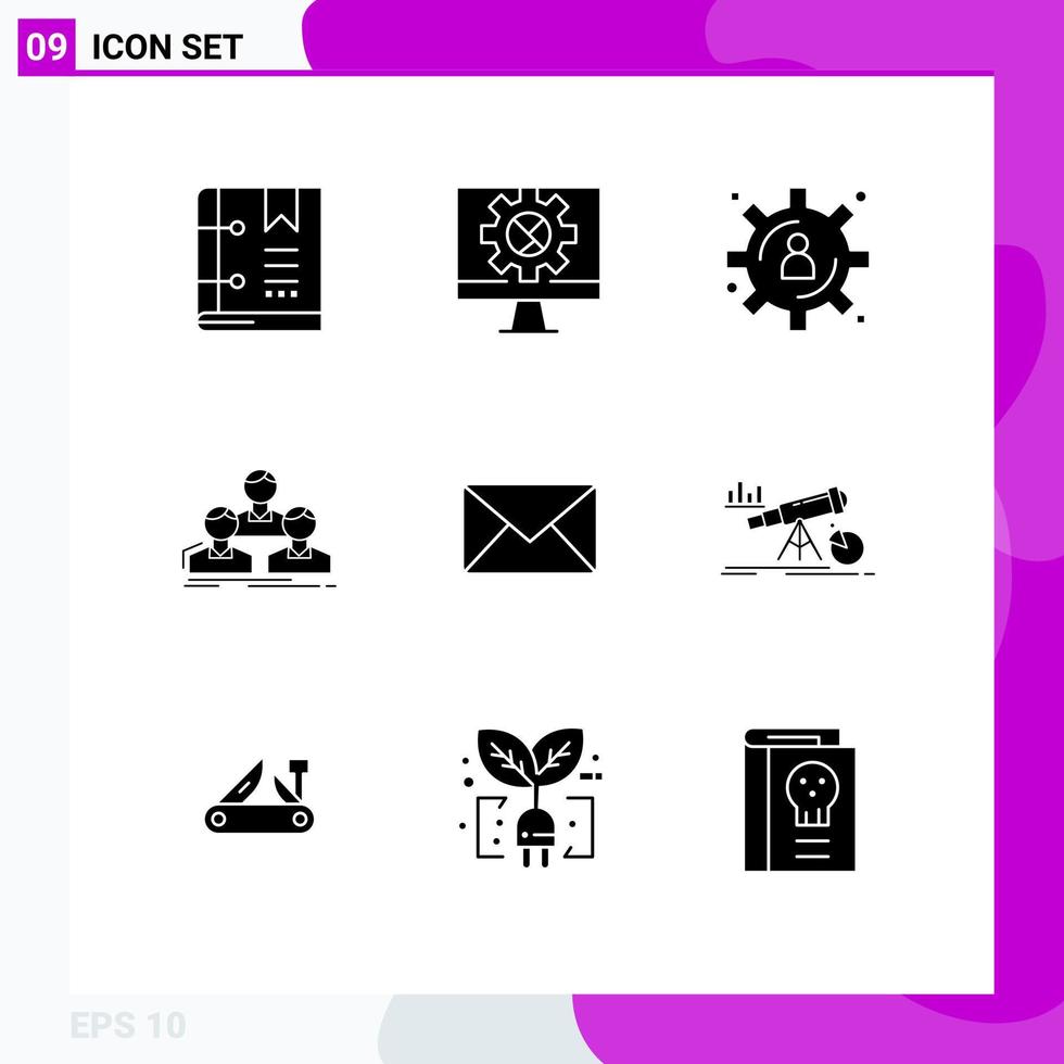 Group of 9 Modern Solid Glyphs Set for email people setting group company Editable Vector Design Elements