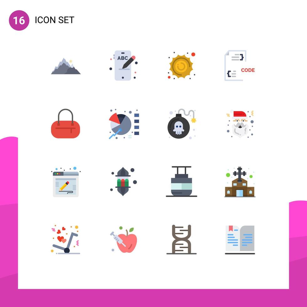 conjunto de pictogramas de 16 colores planos simples de desarrollo de bolsa sol desarrollar código paquete editable de elementos creativos de diseño de vectores