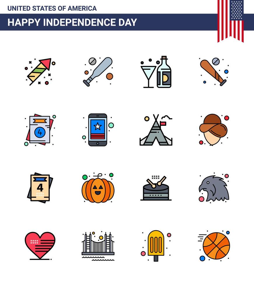 16 Flat Filled Line Signs for USA Independence Day invitation sports wine bat ball Editable USA Day Vector Design Elements