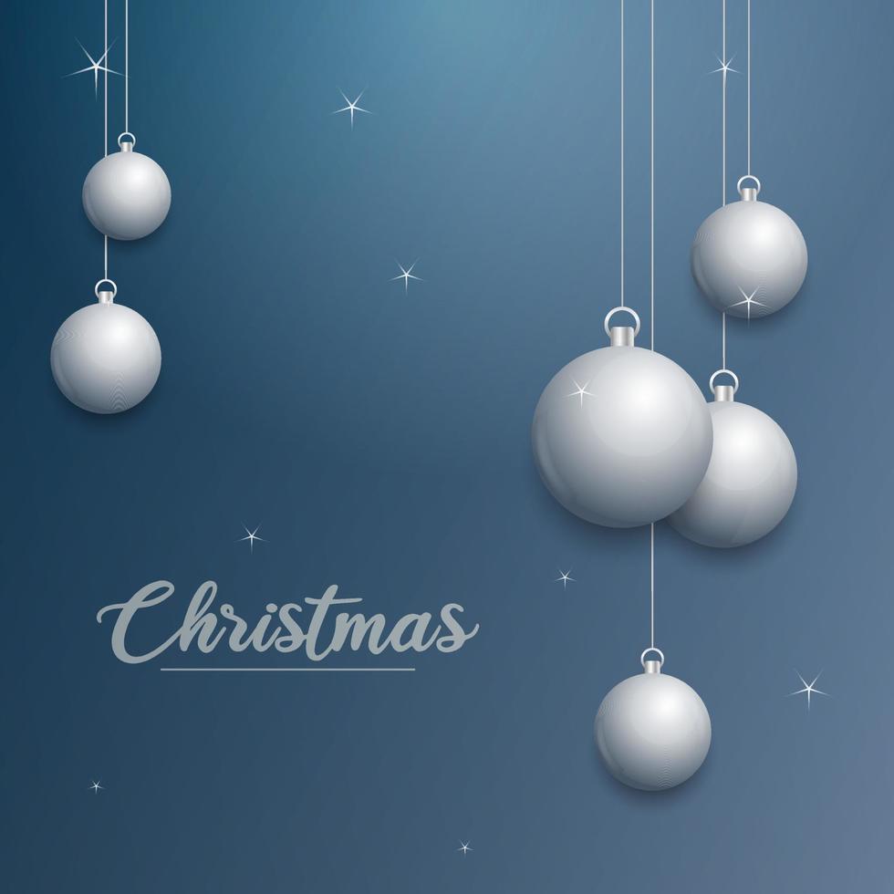 Vector Christmas banner with decorations. Merry Christmas text. silver ornaments on blue background