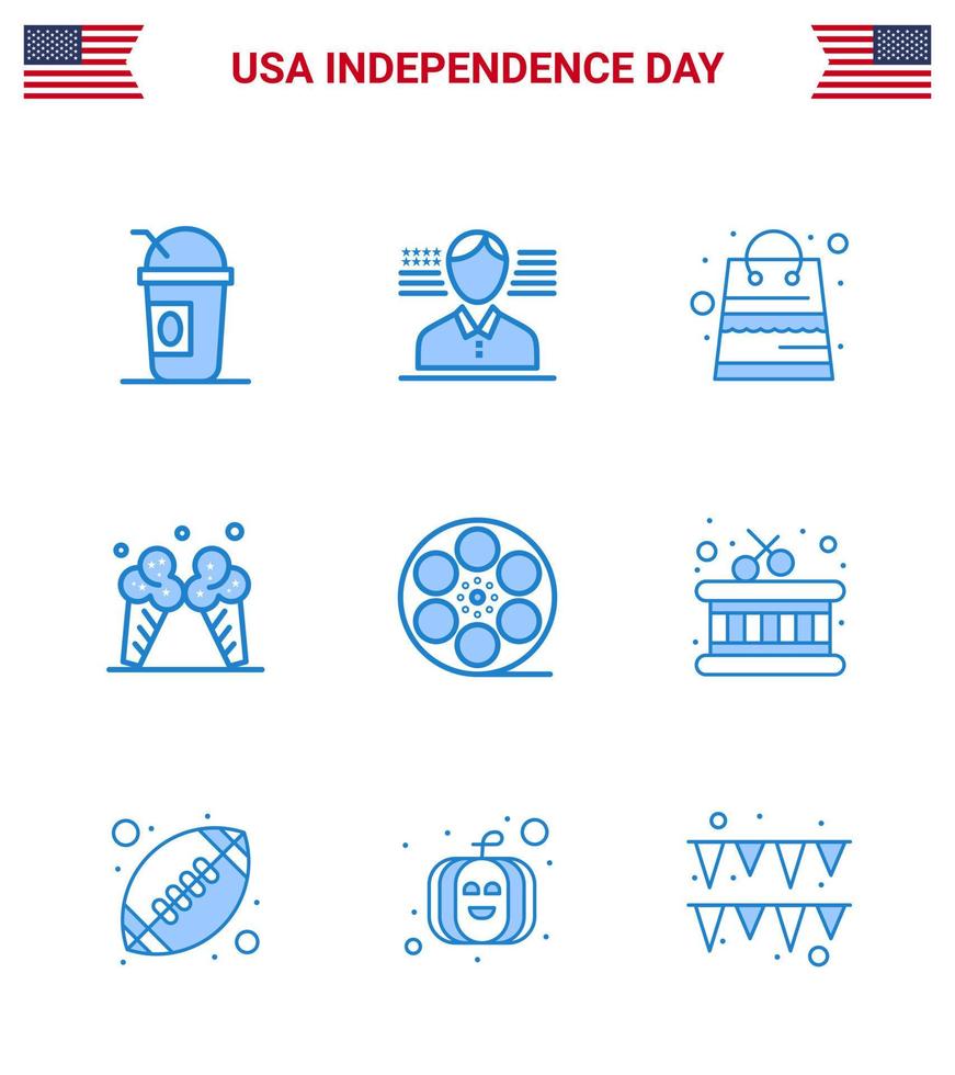 paquete azul de 9 símbolos del día de la independencia de estados unidos de video movis dinero hielo americano editable elementos de diseño vectorial del día de estados unidos vector