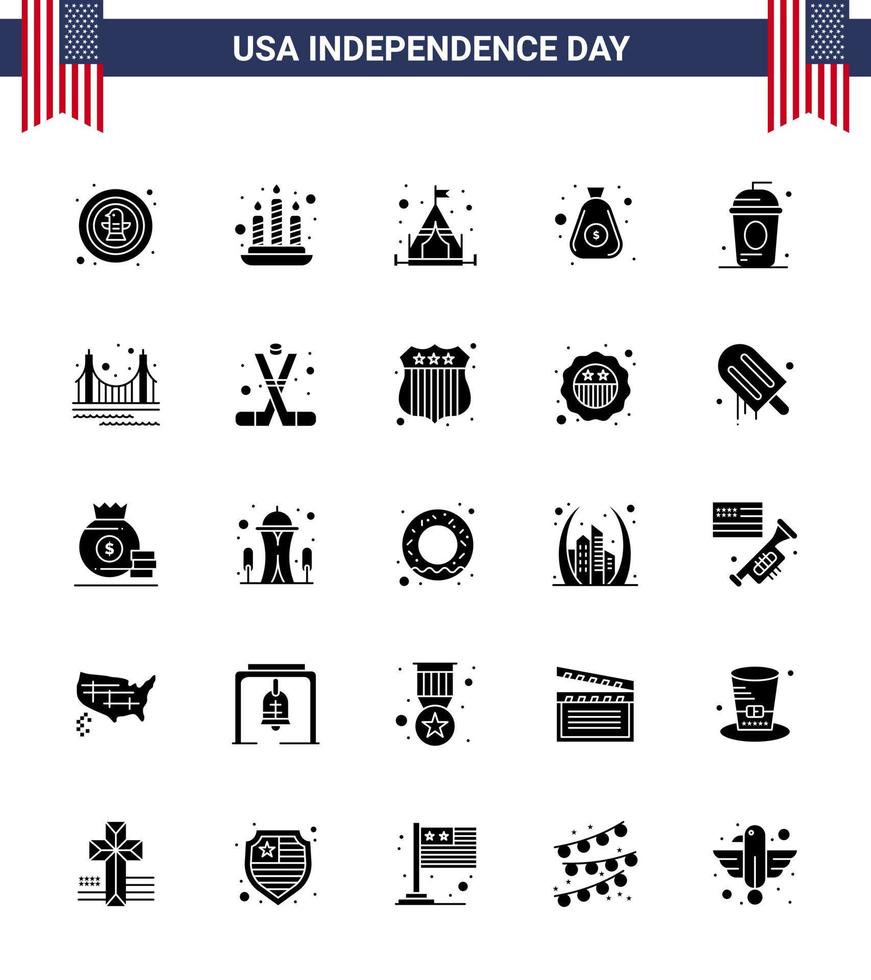 Set of 25 Modern Solid Glyph pack on USA Independence Day drink cake camp cash money Editable USA Day Vector Design Elements