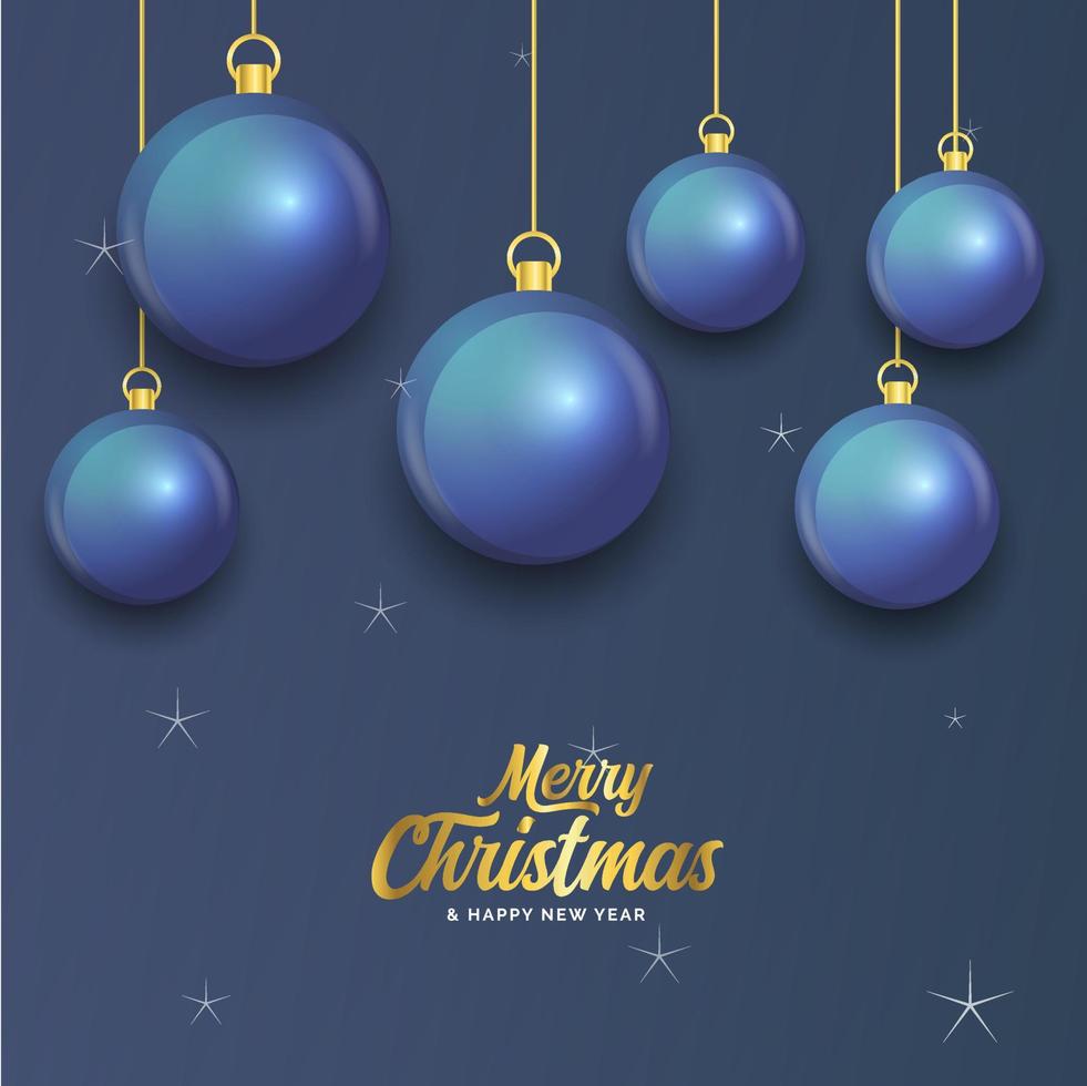 feliz navidad banner azul oscuro con bolas. tarjeta de Navidad vector