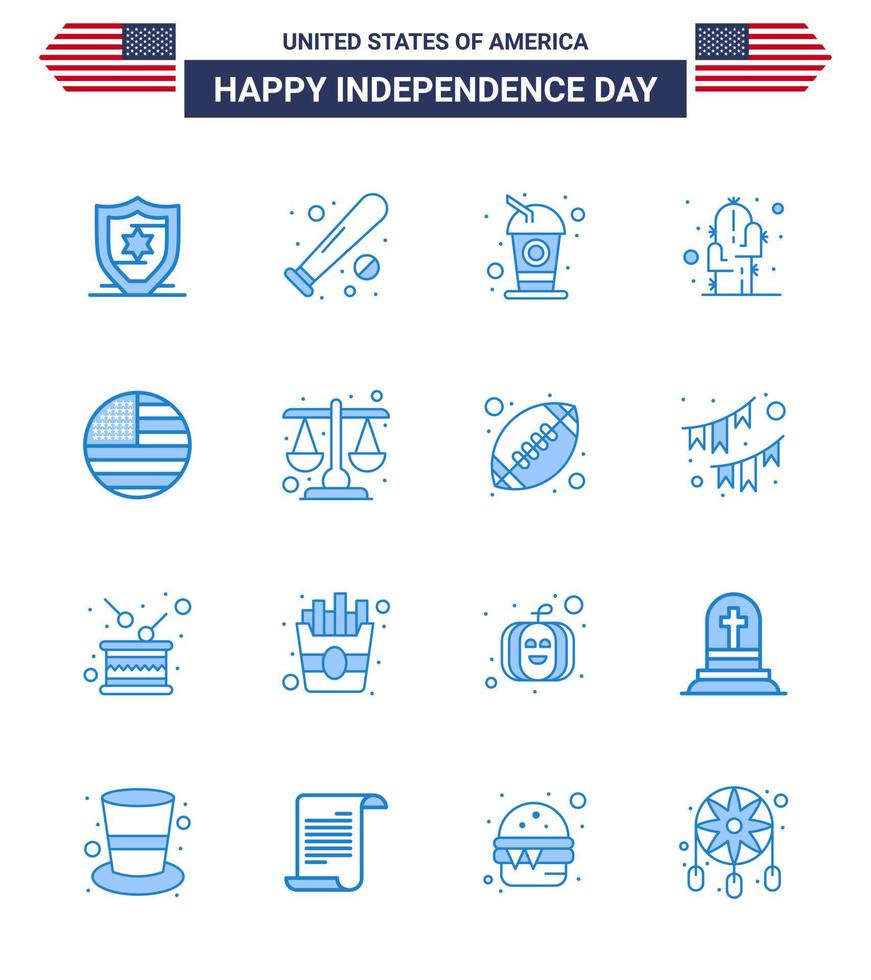 Happy Independence Day Pack of 16 Blues Signs and Symbols for flag desert bottle plant cactus Editable USA Day Vector Design Elements