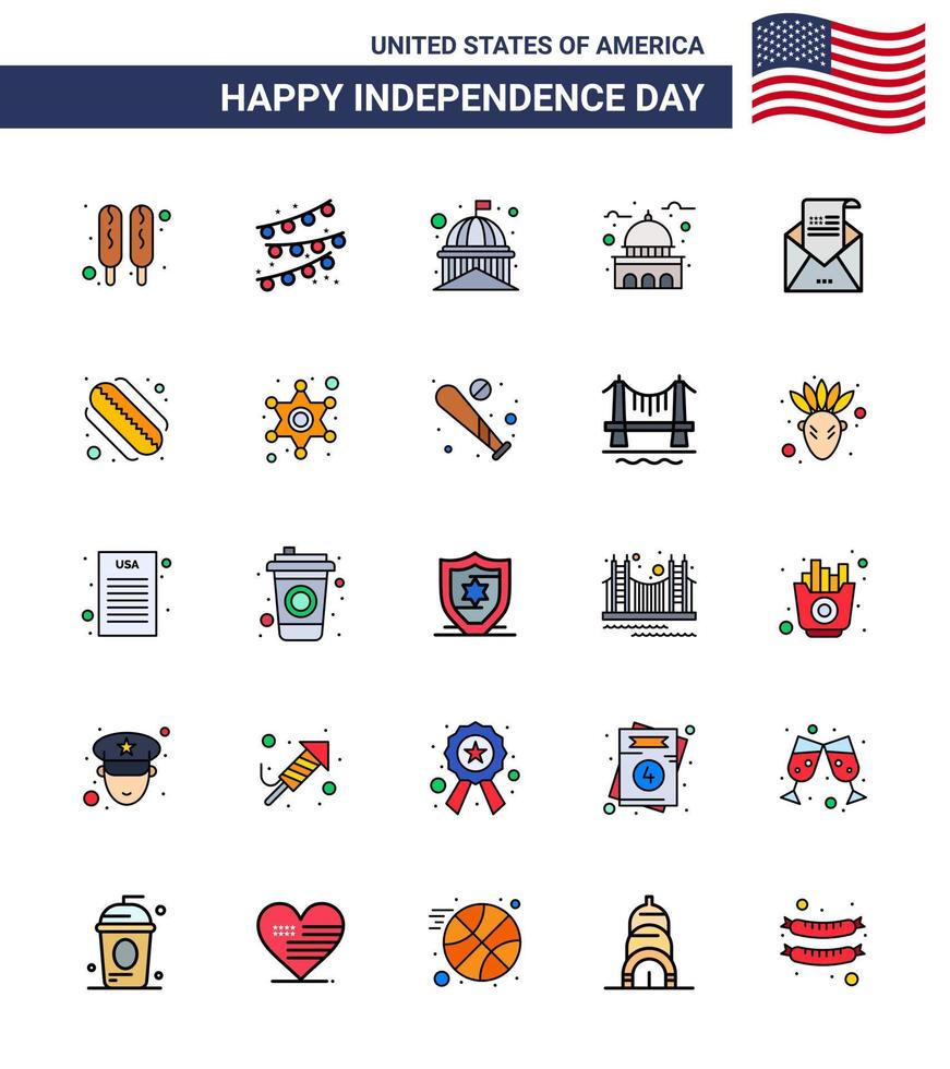 Flat Filled Line Pack of 25 USA Independence Day Symbols of hotdog mail landmark invitation envelope Editable USA Day Vector Design Elements