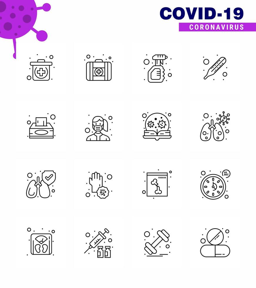 Coronavirus awareness icons 16 Line icon Corona Virus Flu Related such as tissue box napkin spray box temperature viral coronavirus 2019nov disease Vector Design Elements