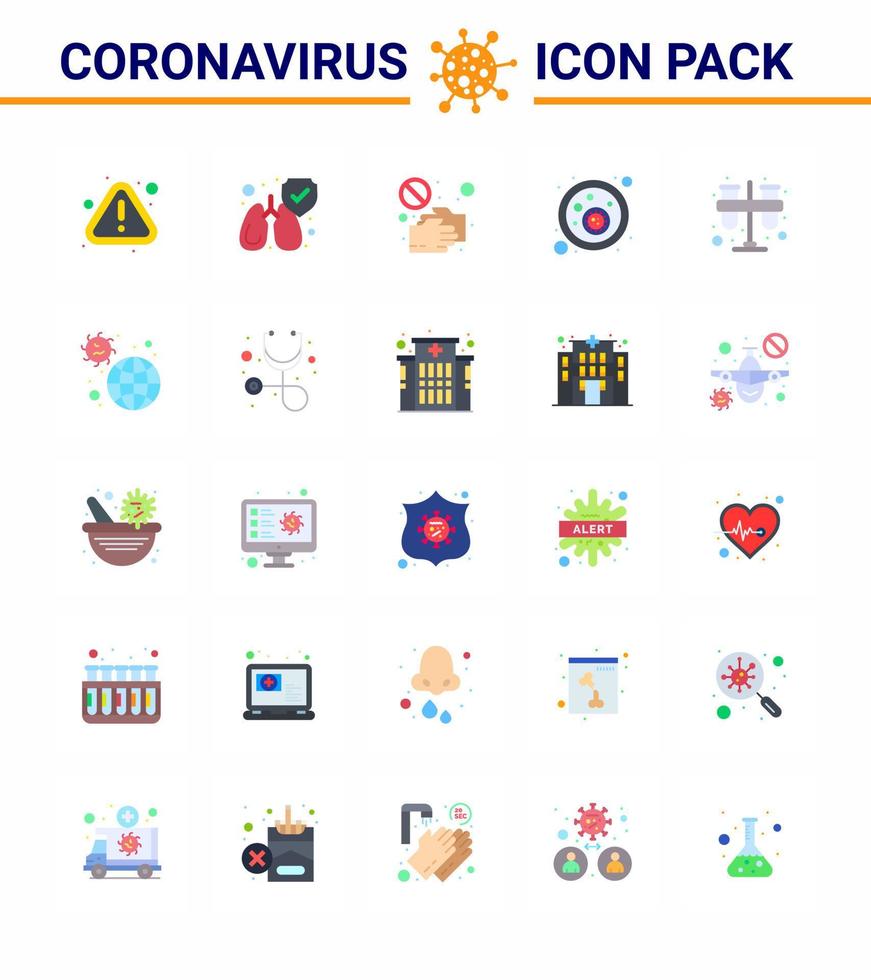 CORONAVIRUS 25 Flat Color Icon set on the theme of Corona epidemic contains icons such as test covid hand bacteria touch viral coronavirus 2019nov disease Vector Design Elements