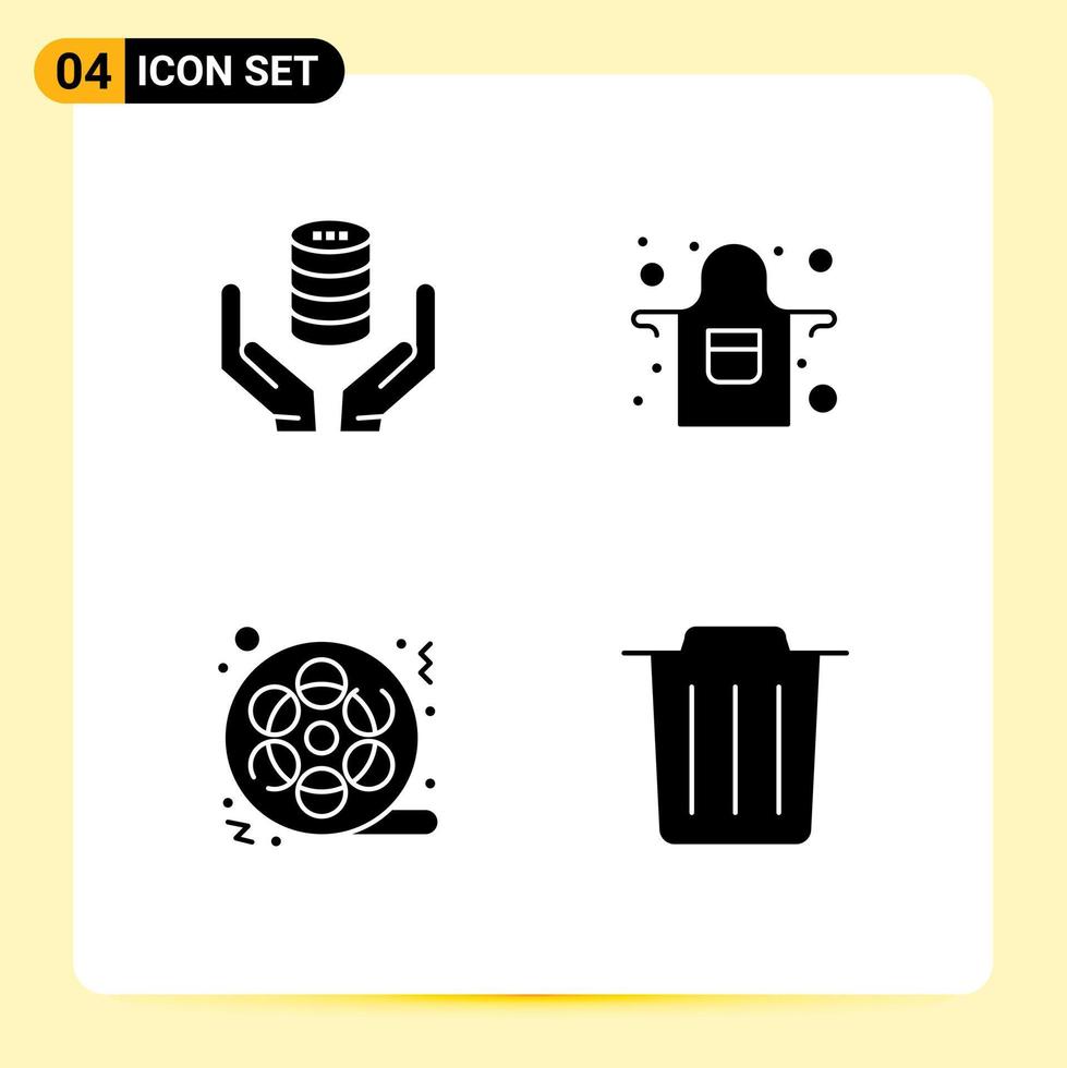 Modern Set of 4 Solid Glyphs and symbols such as database movie secure cook video Editable Vector Design Elements