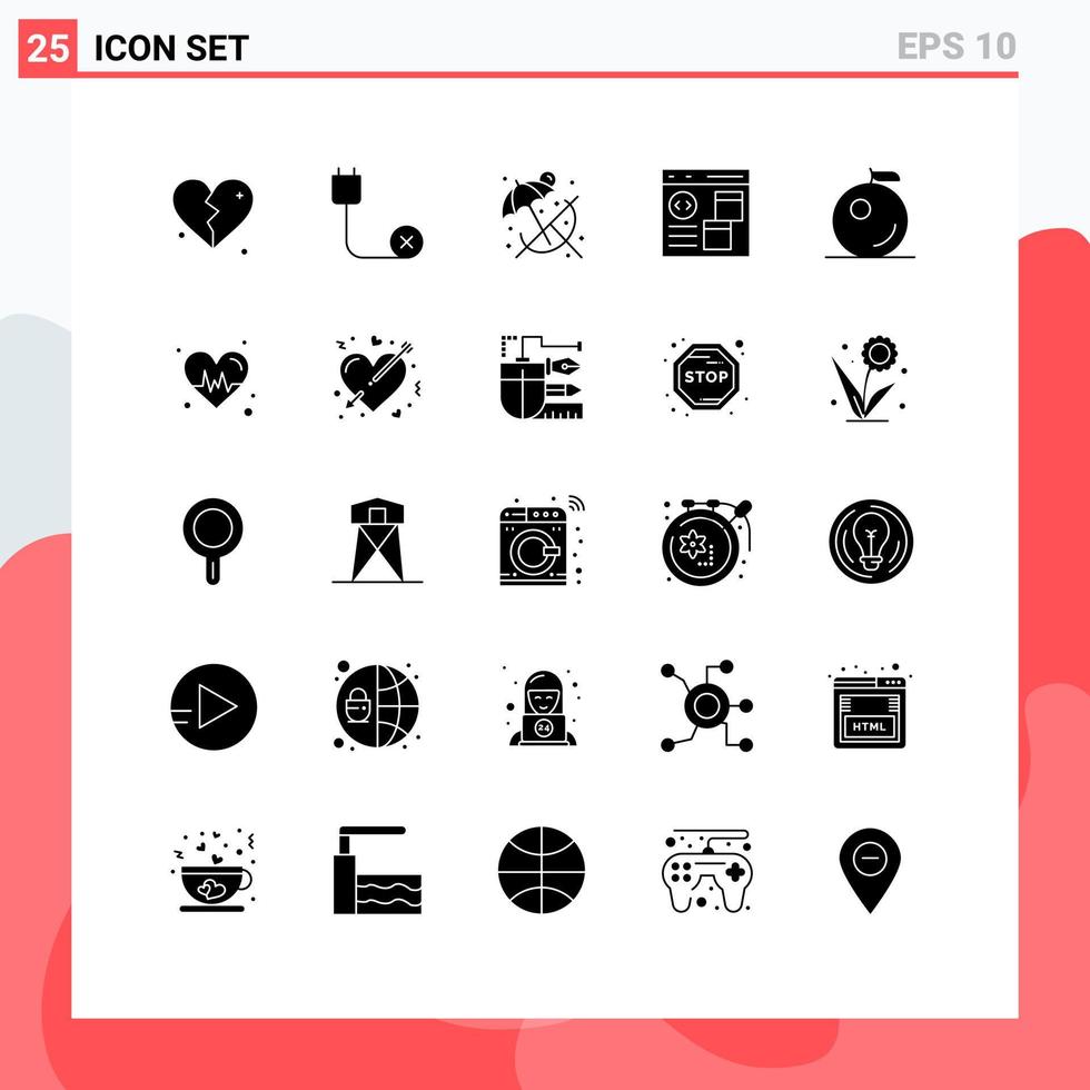 25 glifos sólidos universales establecidos para aplicaciones web y móviles fruto desarrollar elementos de diseño vectorial editables de aplicación de codificación de hardware vector
