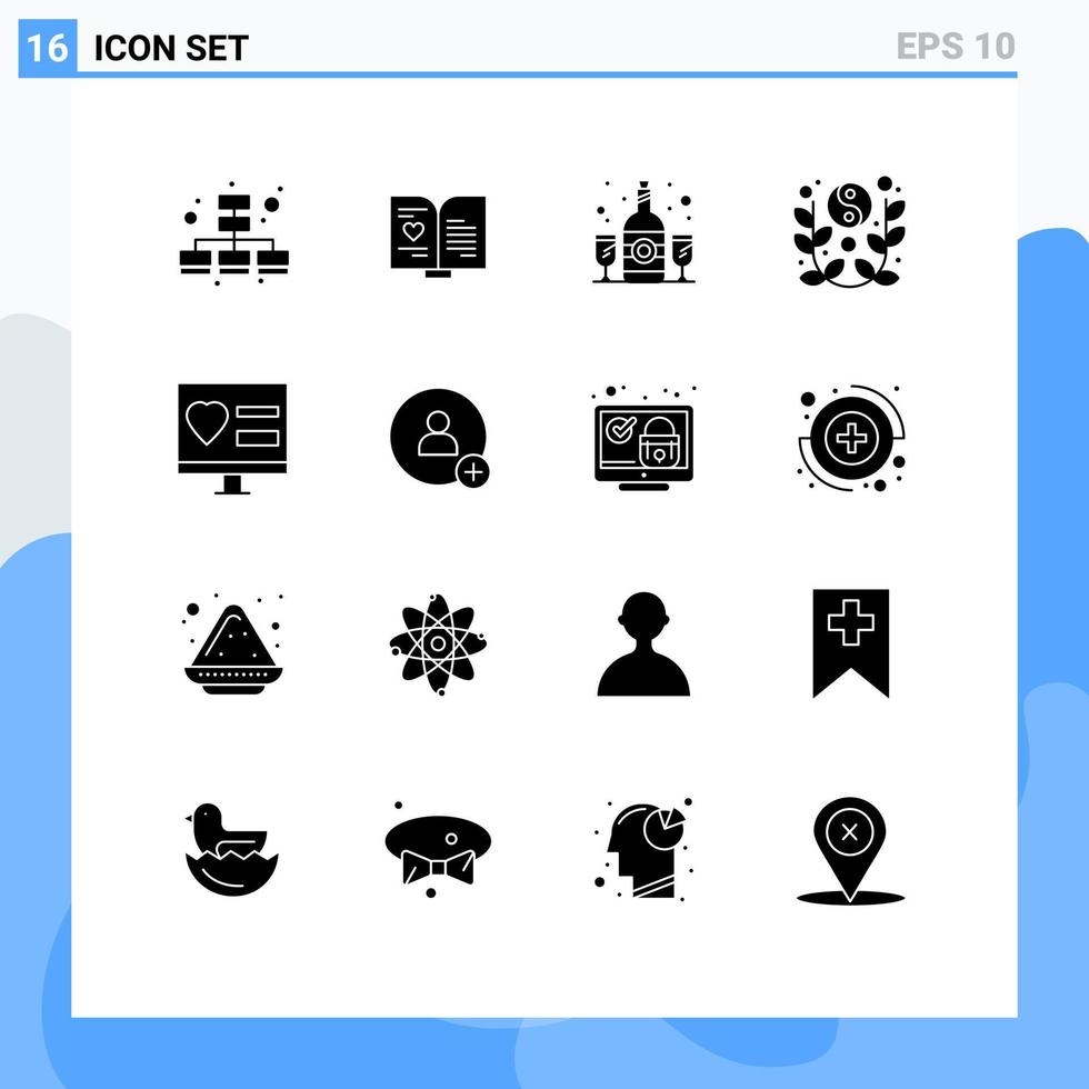 Mobile Interface Solid Glyph Set of 16 Pictograms of heart celebrate glass yin yang new Editable Vector Design Elements