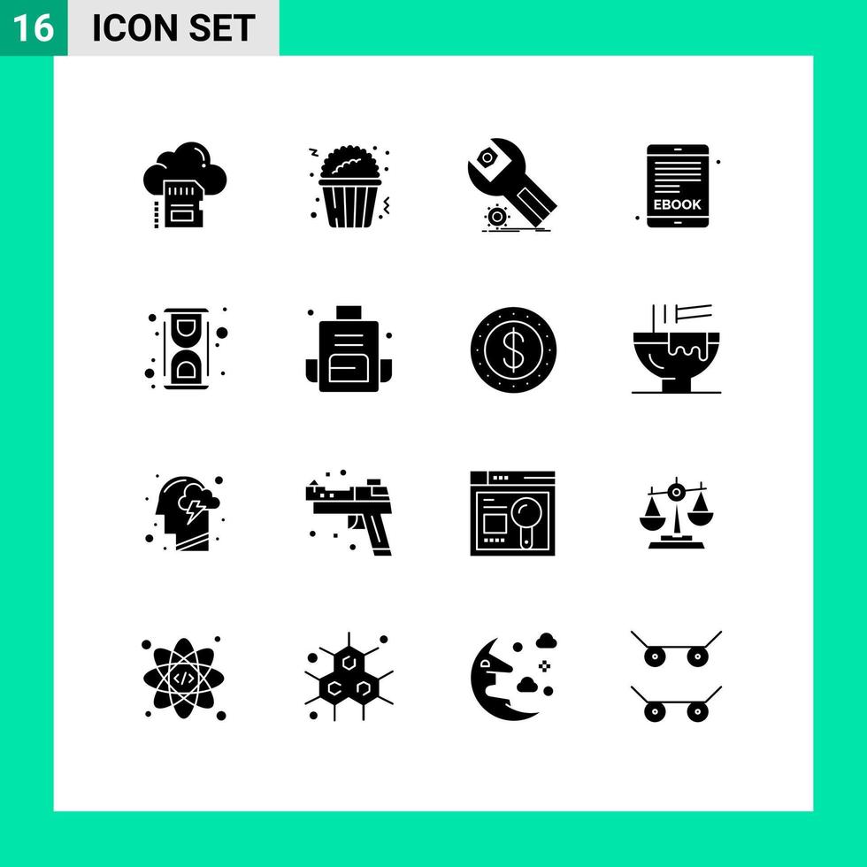 Modern Set of 16 Solid Glyphs Pictograph of lab internet book settings electronic book service Editable Vector Design Elements