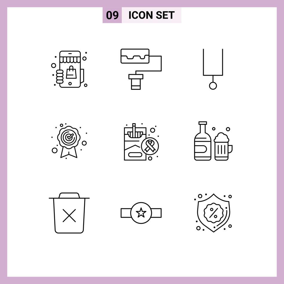 Editable Vector Line Pack of 9 Simple Outlines of beer smoking tuning fork medical cigarette Editable Vector Design Elements