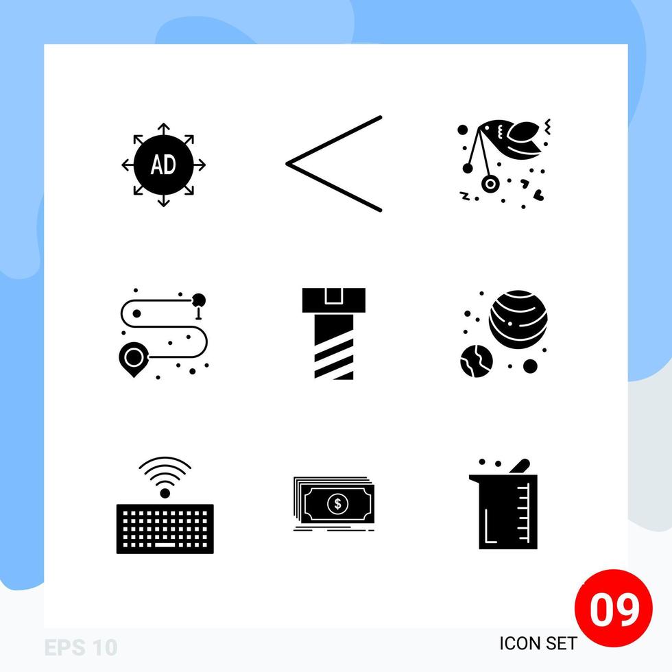 Set of 9 Commercial Solid Glyphs pack for planets astronomy bolt fly route point Editable Vector Design Elements