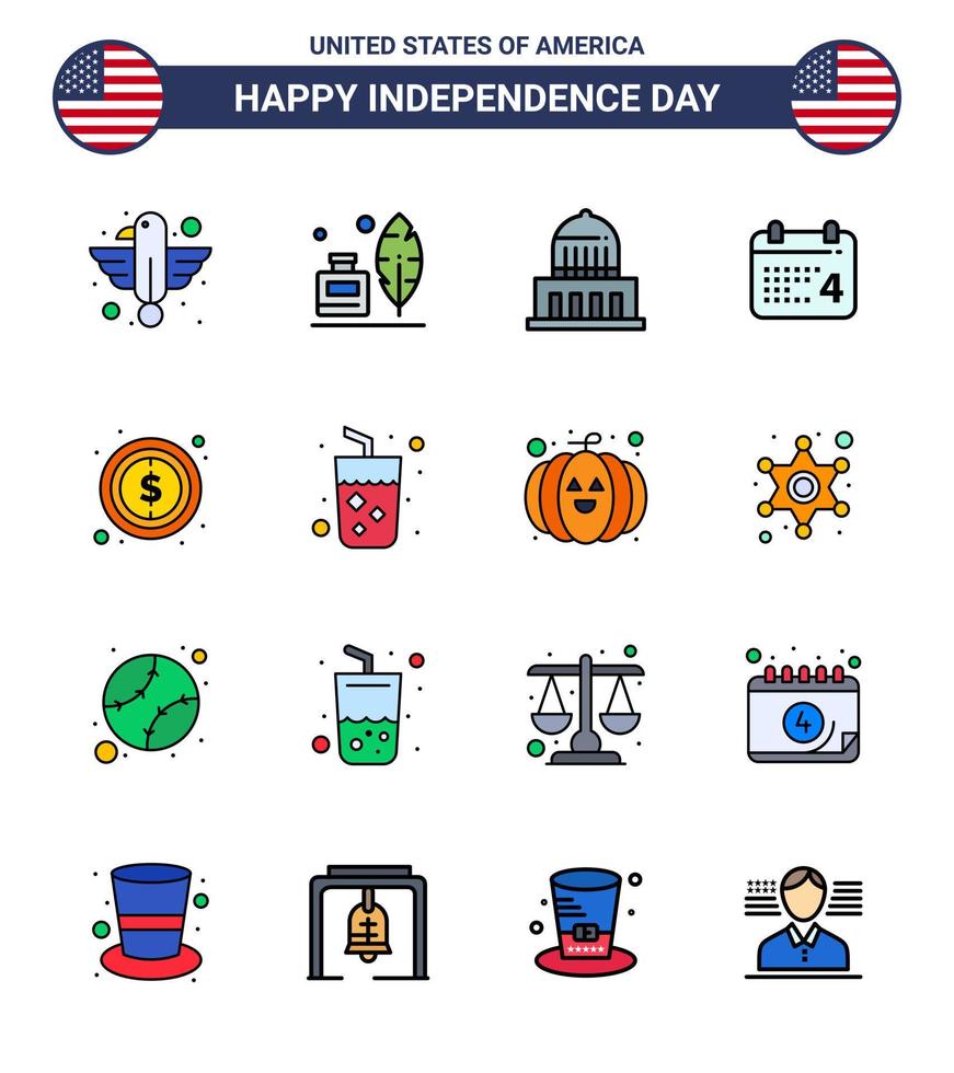 conjunto de 16 líneas llenas planas modernas en el día de la independencia de estados unidos fecha de estados unidos día americano estados unidos elementos de diseño vectorial editables del día de estados unidos vector