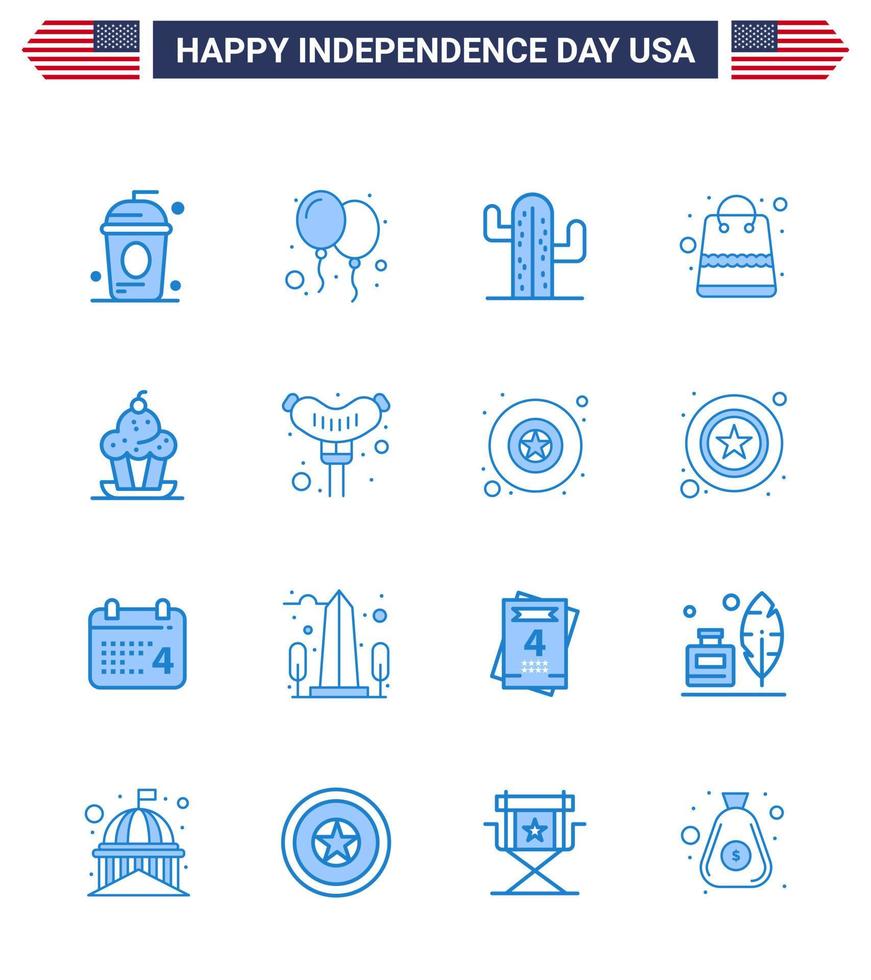 16 USA Blue Pack of Independence Day Signs and Symbols of cake packages party money american Editable USA Day Vector Design Elements