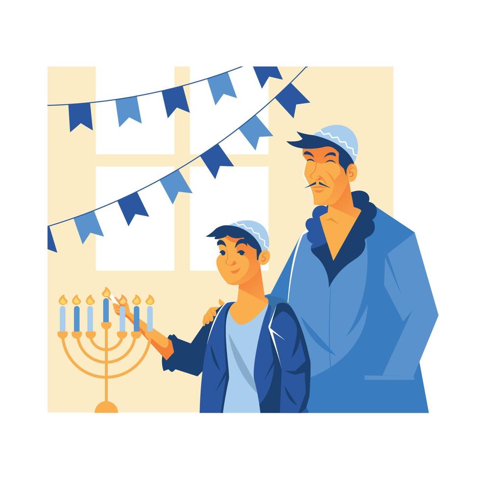 Son and Dad Celebrate Hanukkah vector