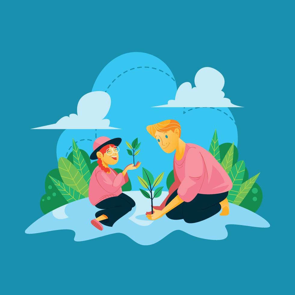 A Father and Daughter are Planting Trees in The Yard vector