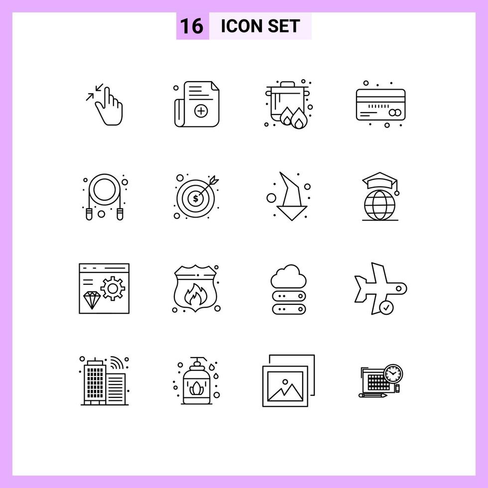 16 User Interface Outline Pack of modern Signs and Symbols of jump debit boil currency card Editable Vector Design Elements