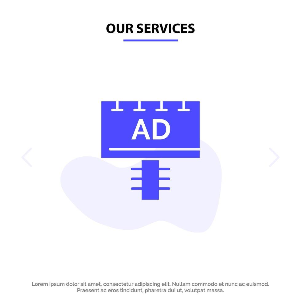 nuestros servicios tablón de anuncios publicidad letrero icono de glifo sólido plantilla de tarjeta web vector