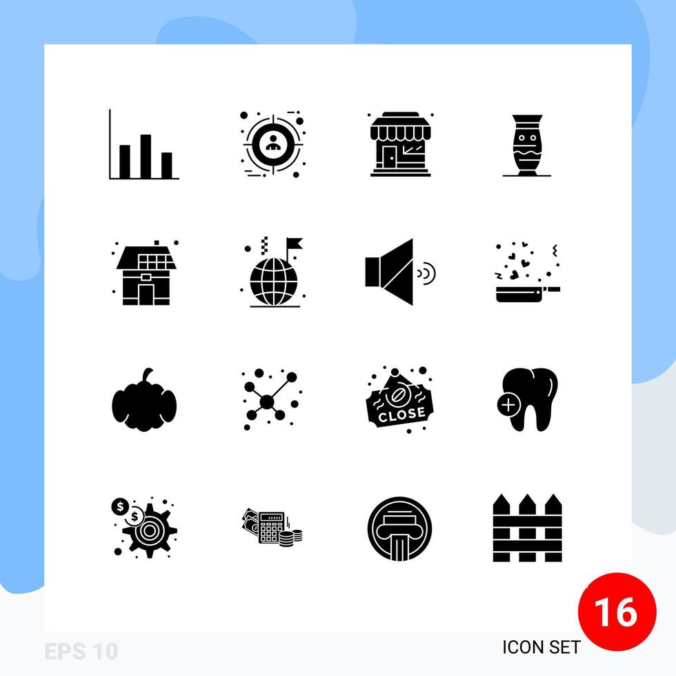 Group of 16 Solid Glyphs Signs and Symbols for eco indian market store india culture Editable Vector Design Elements