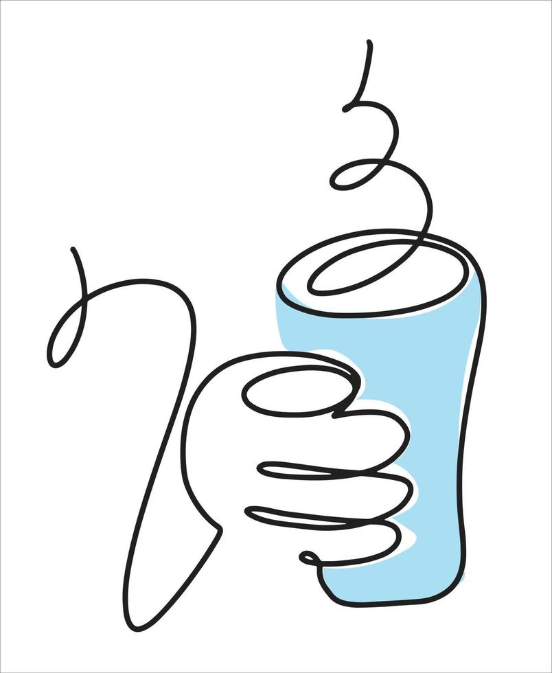 A gloved hand holds a glass of hot drink. Vector drawing in line art style. Winter cold snow season illustration.