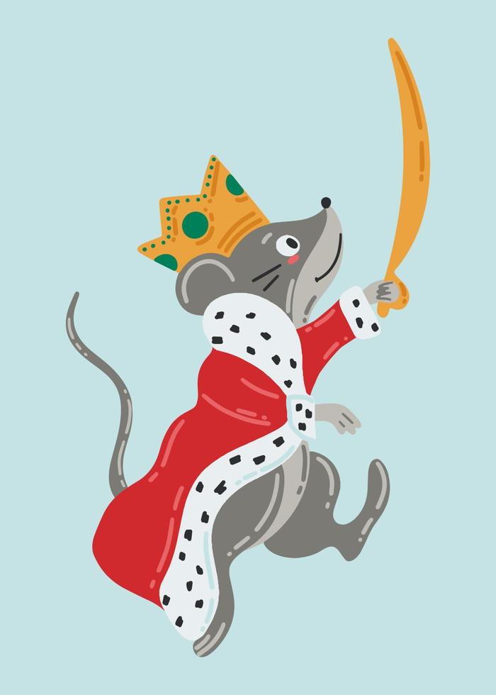 King mouse with a saber. The character of a children's fairy tale is the Nutcracker. Holiday card design. Colorful vector illustration. New year illustration. Greeting card template.