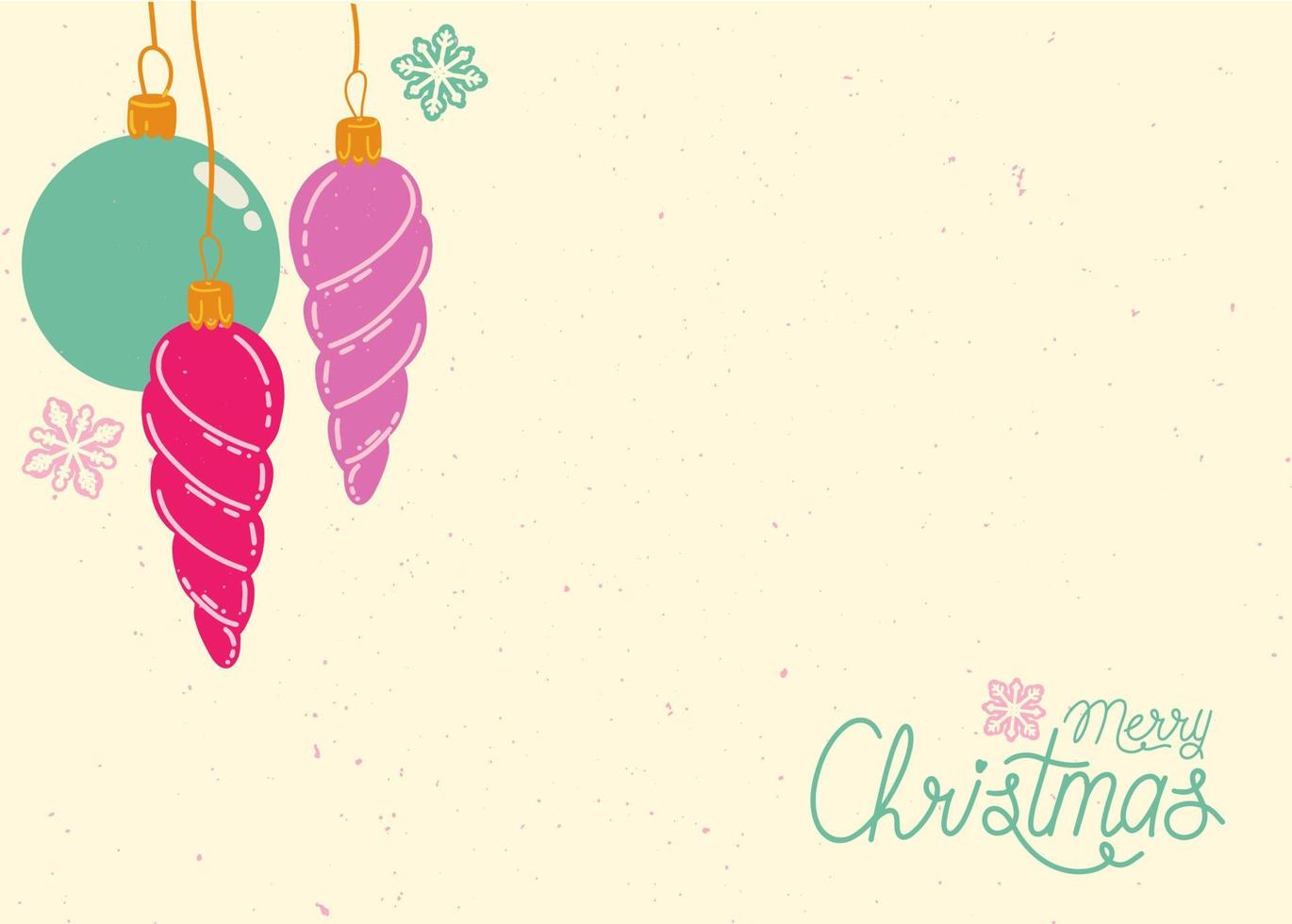 Festive illustration with colorful toys and merry christmas lettering. Template with place for text. Vector illustration for prints, postcards, and invitations. Happy holiday background.