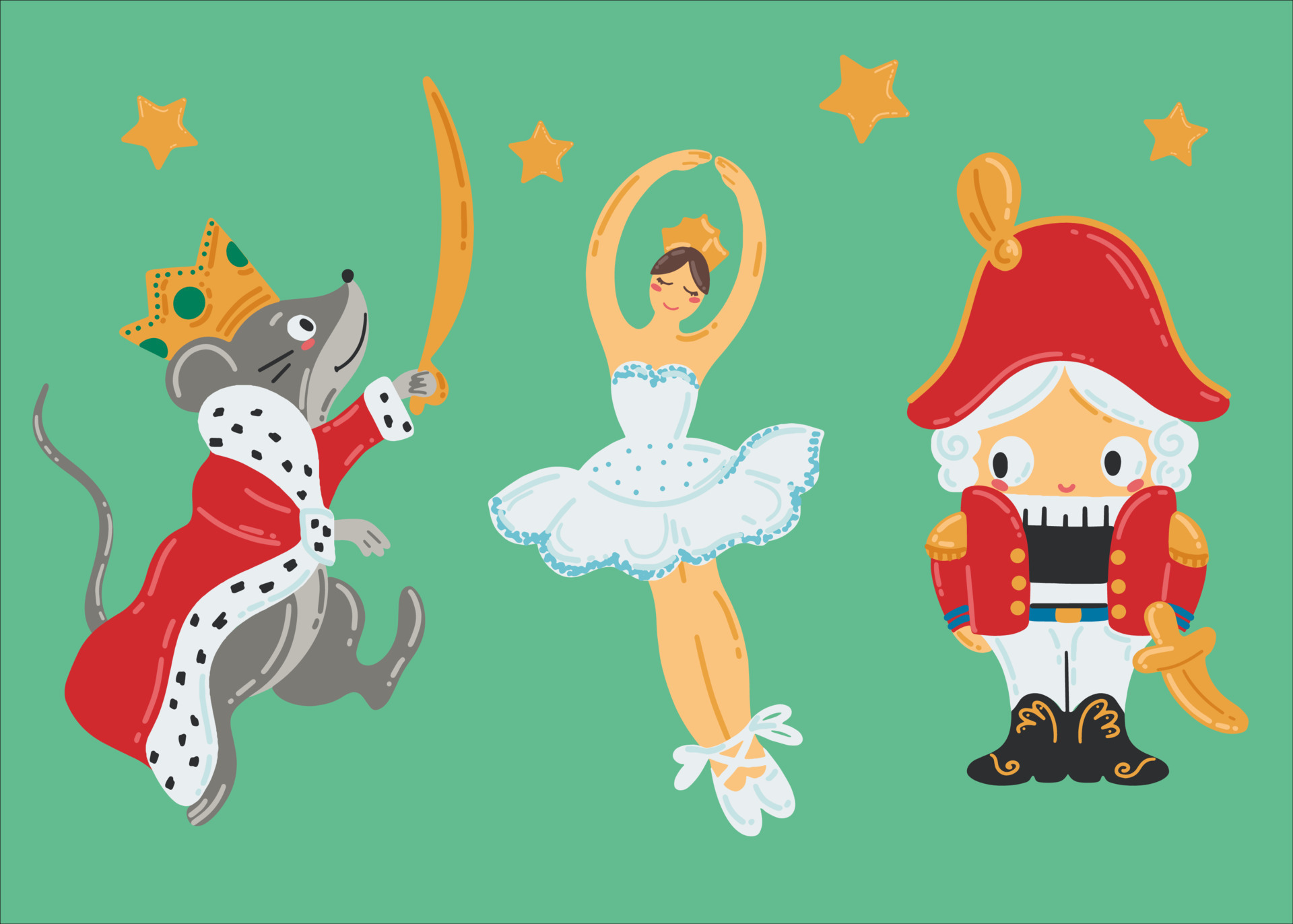 Characters of the children's fairy tale Nutcracker. Rat king, ballerina