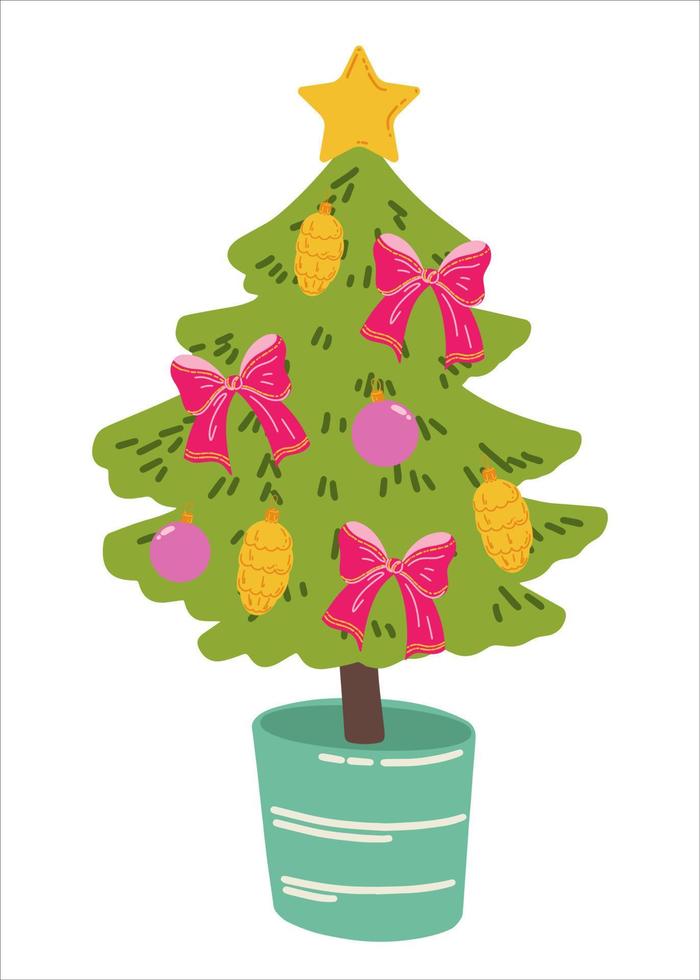 árbol de navidad en una maceta. árbol de navidad con bolas, conos y lazos. ilustración vectorial para impresiones, postales e invitaciones. feliz fondo de vacaciones. vector