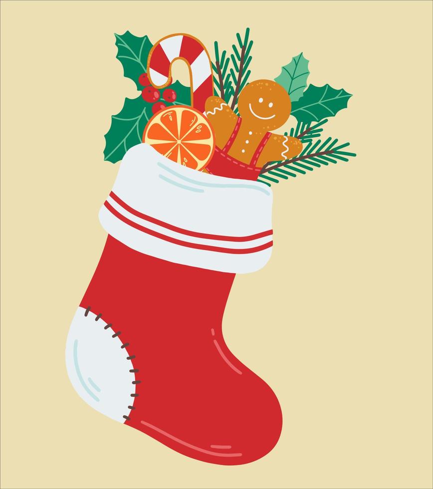 Gift sock with gingerbread. Christmas present. Decoration with fir branches and holly. Vector illustration for prints, postcards, and invitations. Happy holiday background.