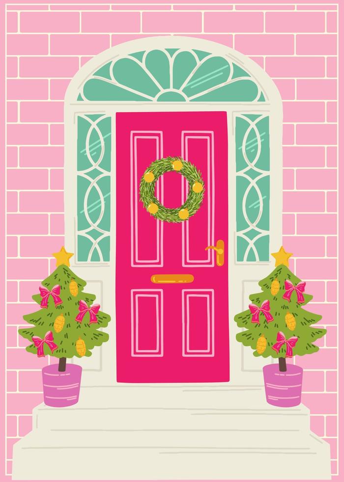 Pink Christmas house door decorated with a spruce wreath with balls. Entrance to the house with Christmas trees with pears and bows. Vector artistic illustration for postcards, banners and print.