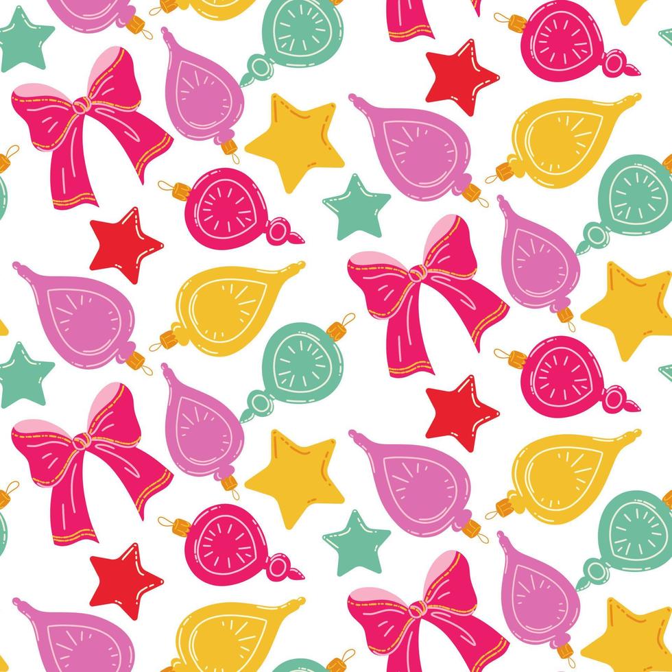 Seamless pattern with colorful Christmas toys, stars and bows. Traditional Christmas decoration. Vector illustration for print, backgrounds, wrapping paper and textiles. Happy holiday background.