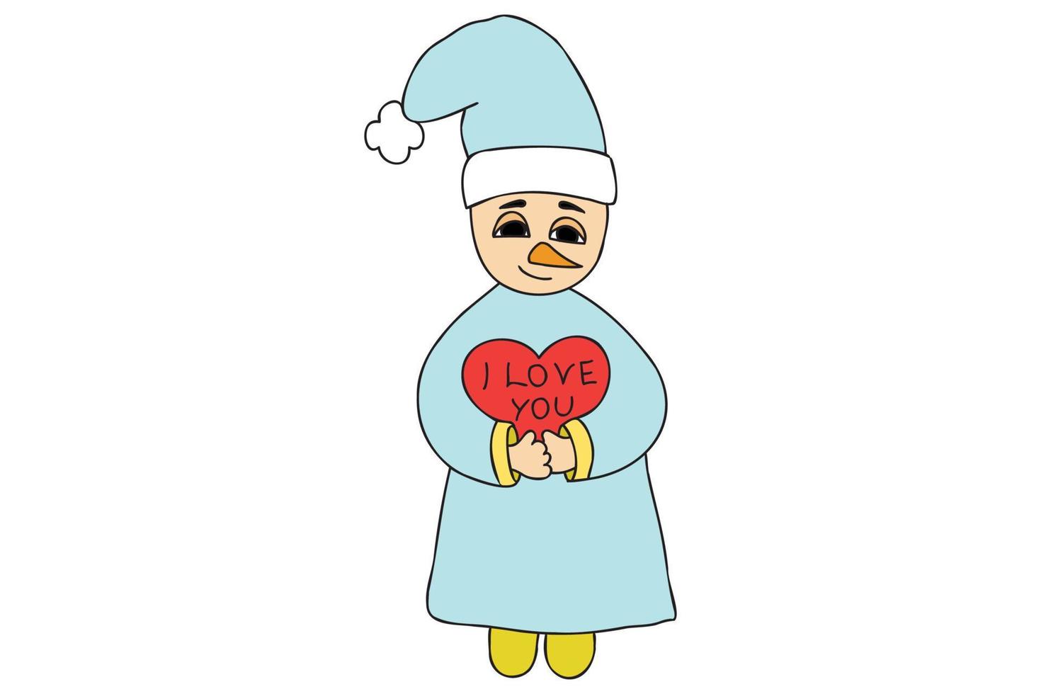 The picture shows a heart in the hands of a snowman, in which I love you, it is intended for New Year's cards, printing, Valentine's Day, March 8... vector