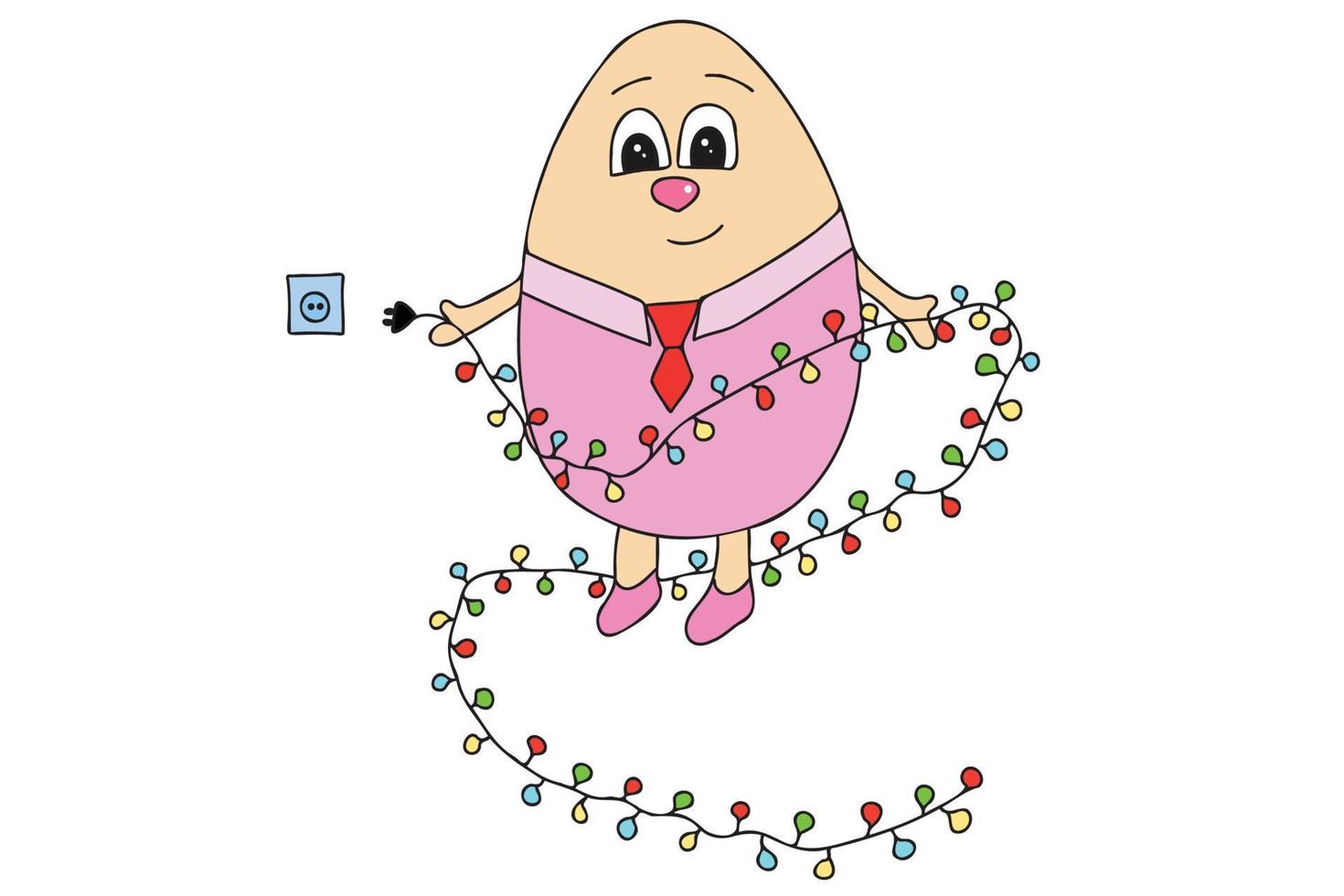 The picture shows an Easter egg with eyes, a shirt, a tie and New Year's lights in its hands. It is intended for Christmas, New Year, cards, printing, etc. vector