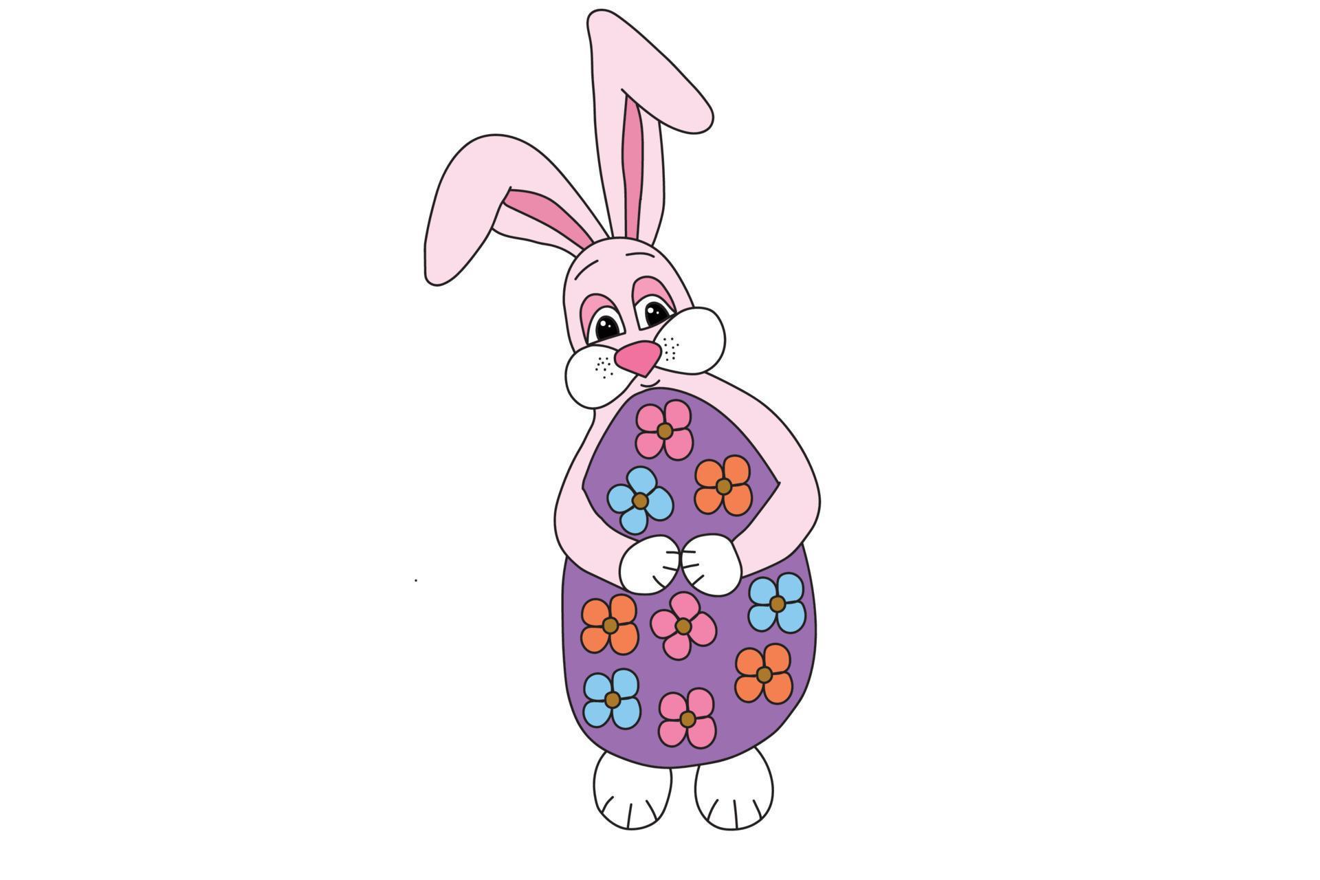 The picture shows a pink rabbit holding a flowerdecorated egg in her
