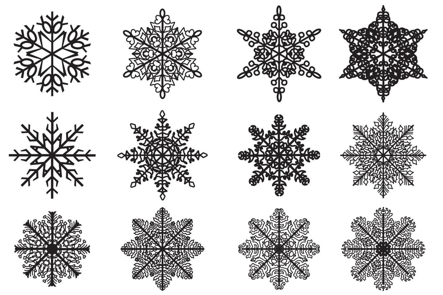 la imagen muestra varios copos de nieve pintados con contorno negro, destinados a año nuevo, postales, estampado de ropa y telas y otras ocasiones vector