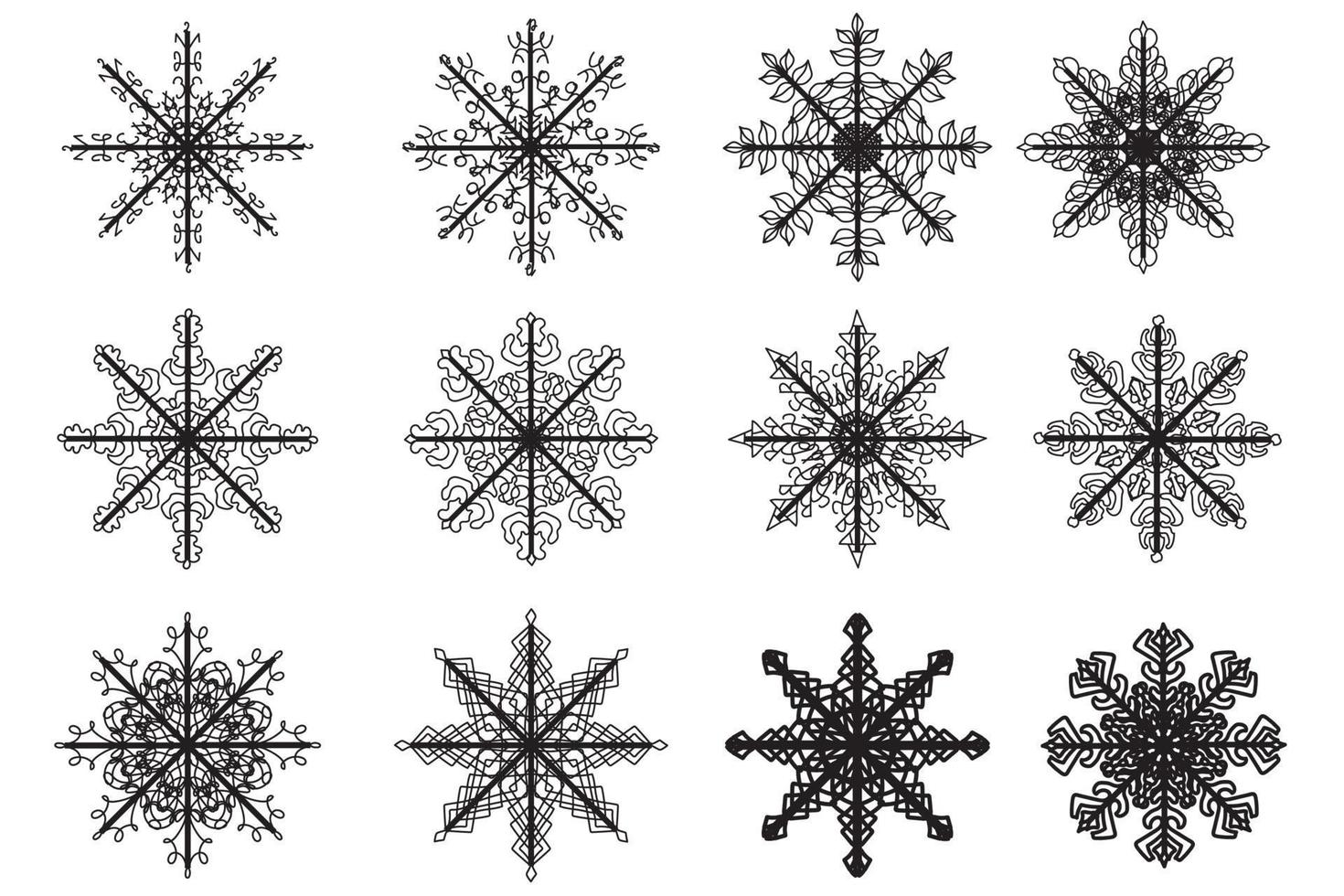 The picture shows various snowflakes painted in black outline, intended for New Year's, postcards, clothing and fabric printing and other occasions vector