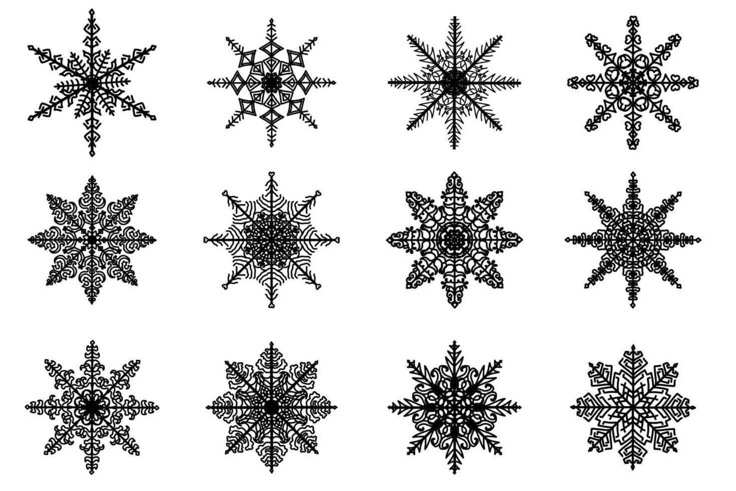 The picture shows various snowflakes painted in black outline, intended for New Year's, postcards, clothing and fabric printing and other occasions vector