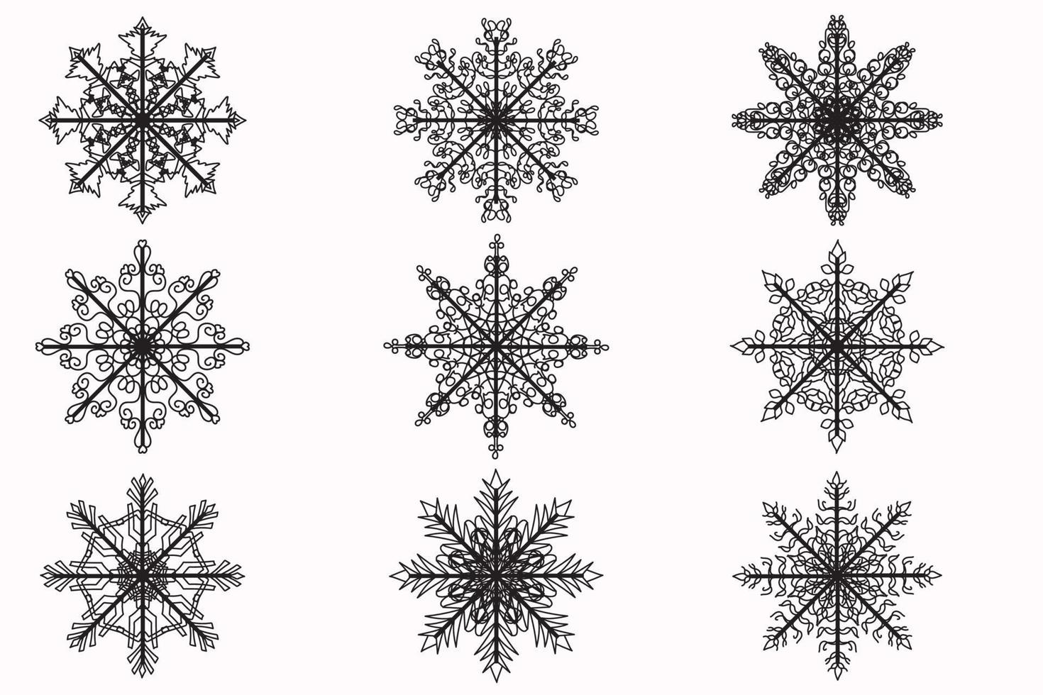 The picture shows various snowflakes painted in black outline, intended for New Year's, postcards, clothing and fabric printing and other occasions vector