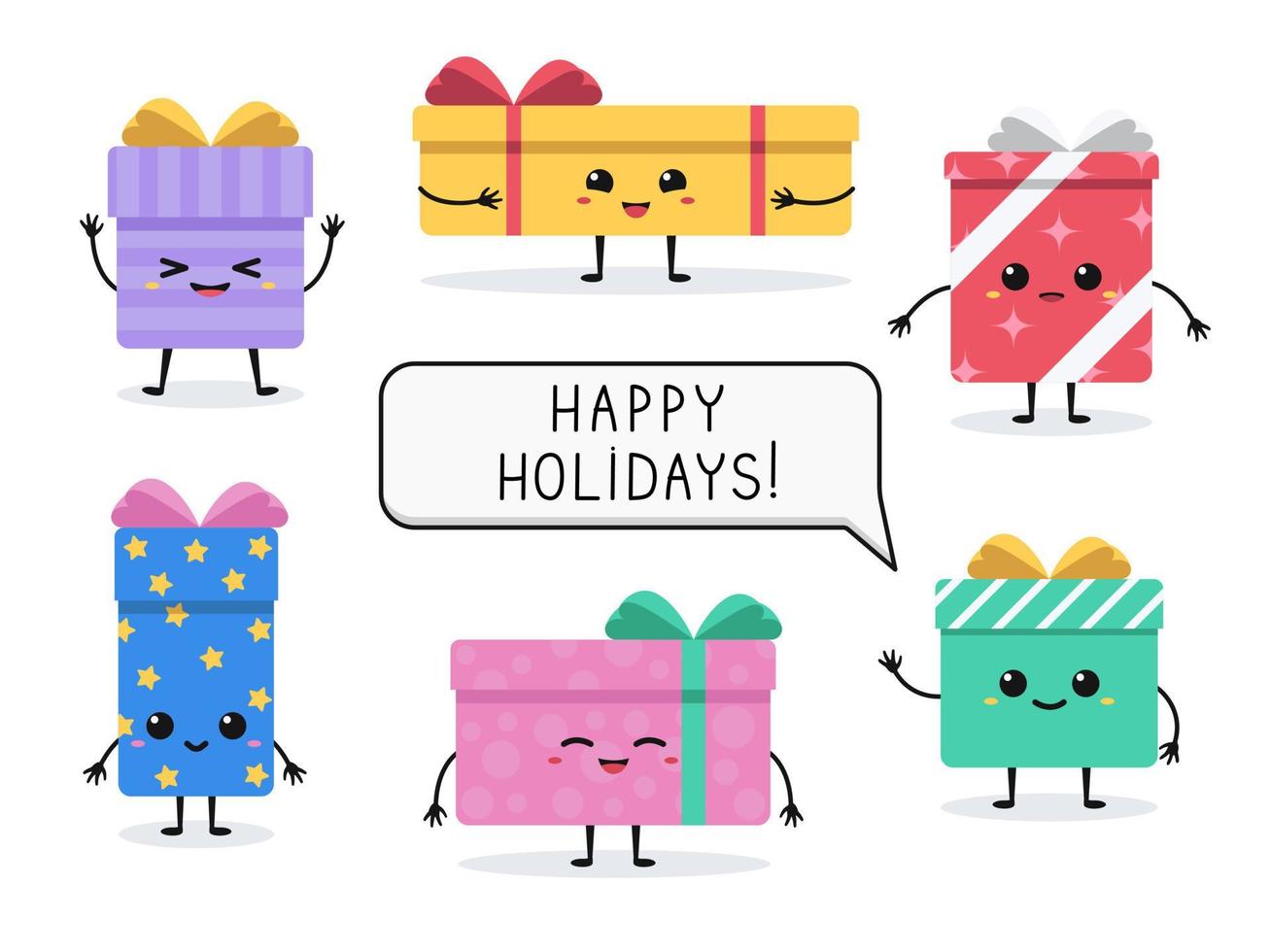 Vector set of gift boxes with cute faces. Isolated flat characters on white background. Bubble for your text from colorful holiday box.