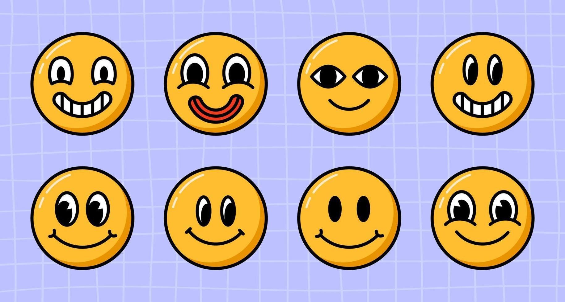 colección de caras de sonrisa maravillosa vectorial. emoji de dibujos animados ambientado en estilo años 70 sobre fondo violeta a cuadros vector