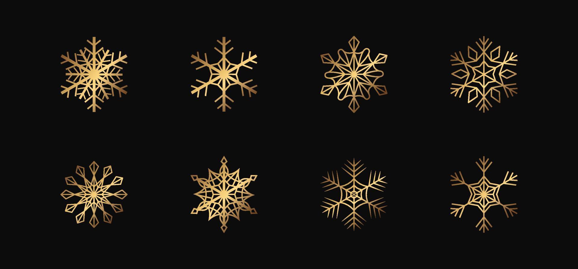 Vector golden snowflakes on the black background. Isolated outline flakes set. Gold collection for winter decor.